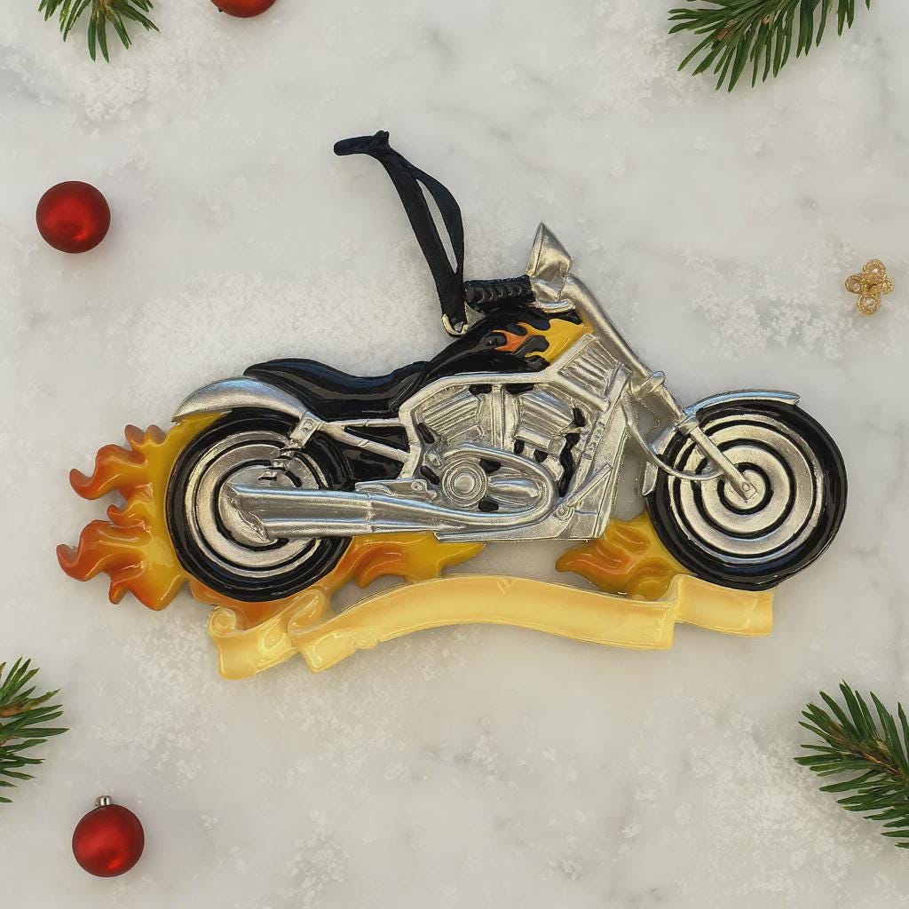 Motorcycle ornament on a snowy background with Christmas decorations