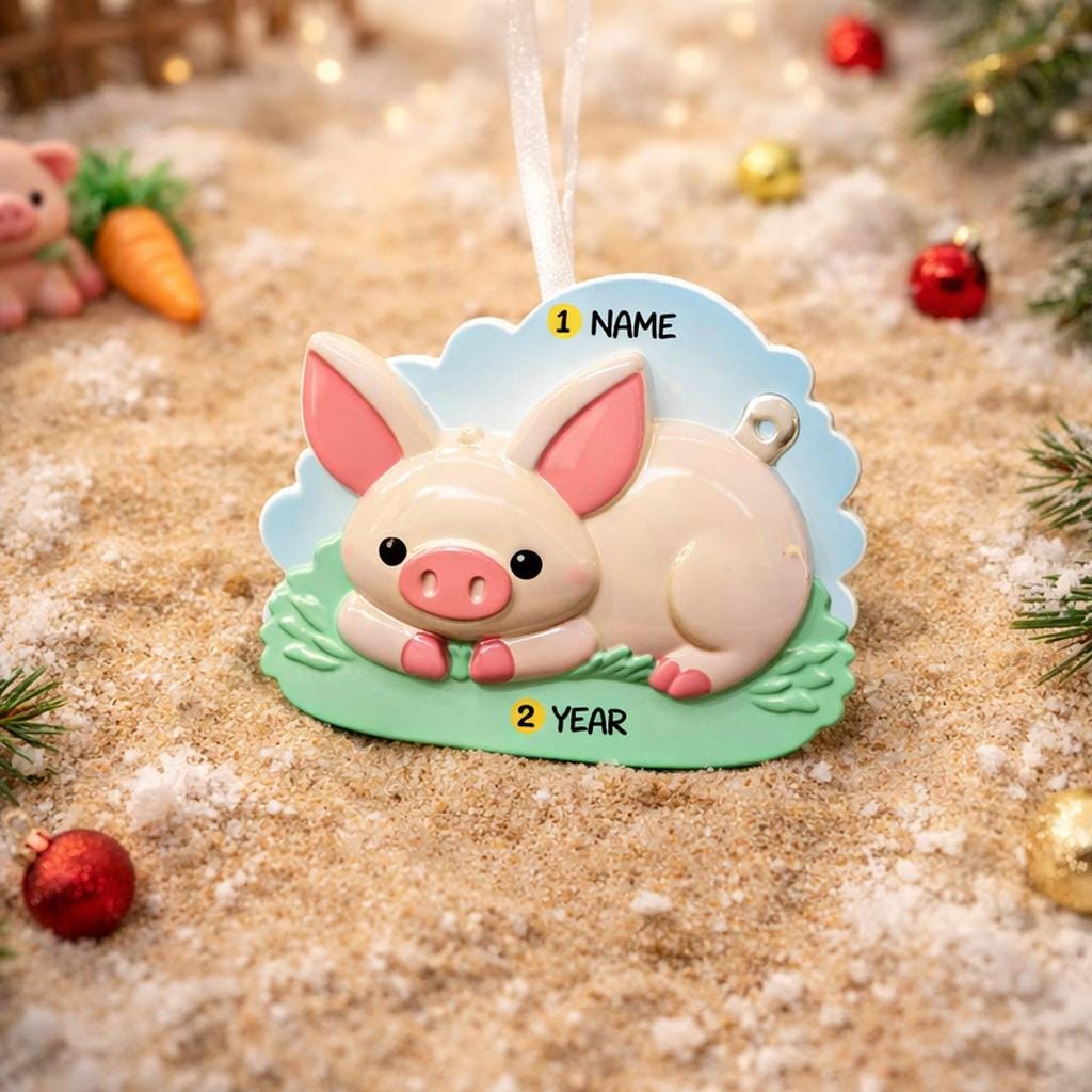 Decorative pig ornament with customizable name and year on a festive background.