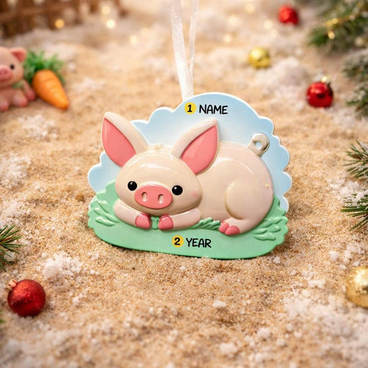 Decorative pig ornament with customizable name and year on a festive background.