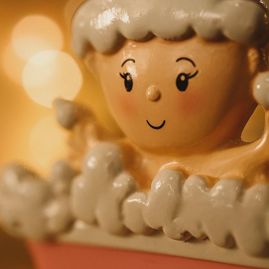 Decorative figurine of a sheep with a smiling face and fluffy wool, set against a warm, blurred background.