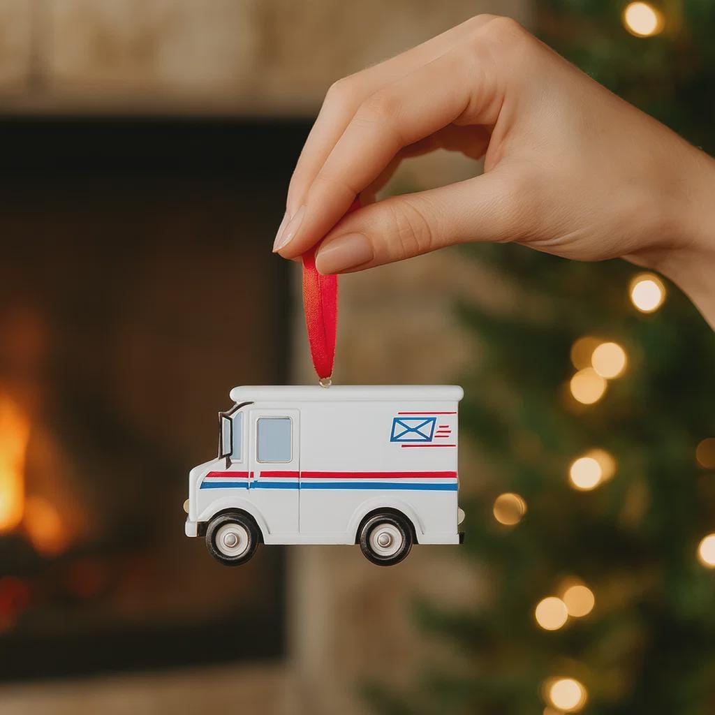 Hand holding a miniature postal truck ornament with a festive background