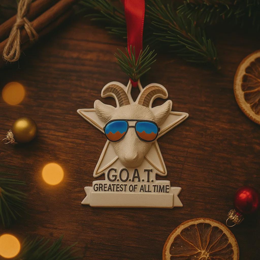 Decorative ornament of a goat wearing sunglasses with 'G.O.