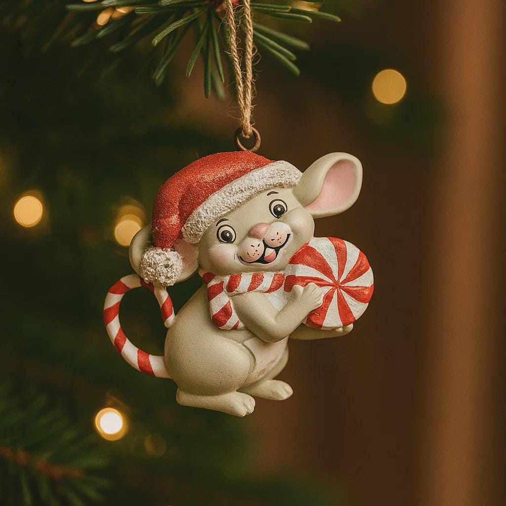 Christmas ornament of a mouse with a Santa hat and candy canes on a decorated tree.