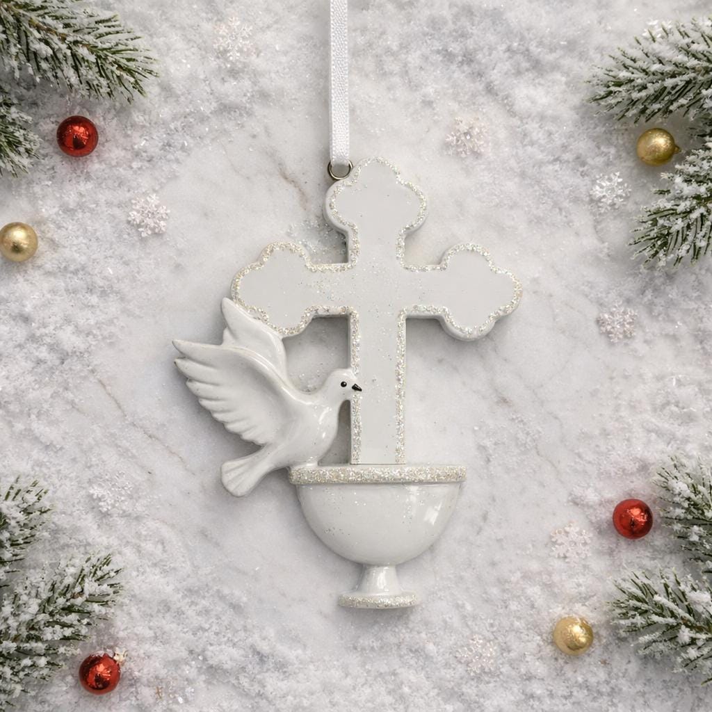 Decorative Christmas ornament with a dove and cross on a snowy background
