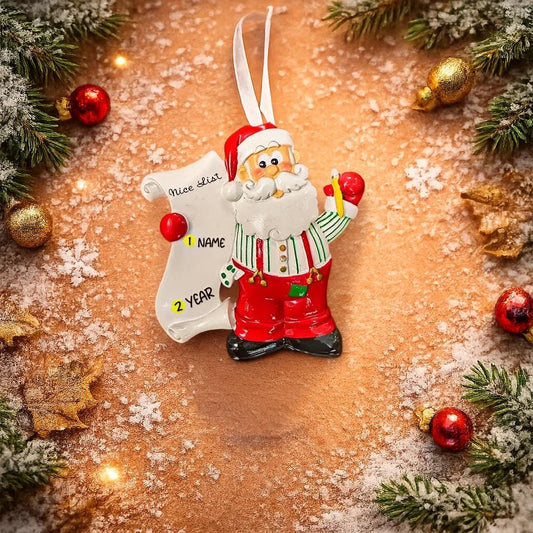 Decorative Christmas ornament of Santa Claus with a 'Nice List' sign on a festive background.