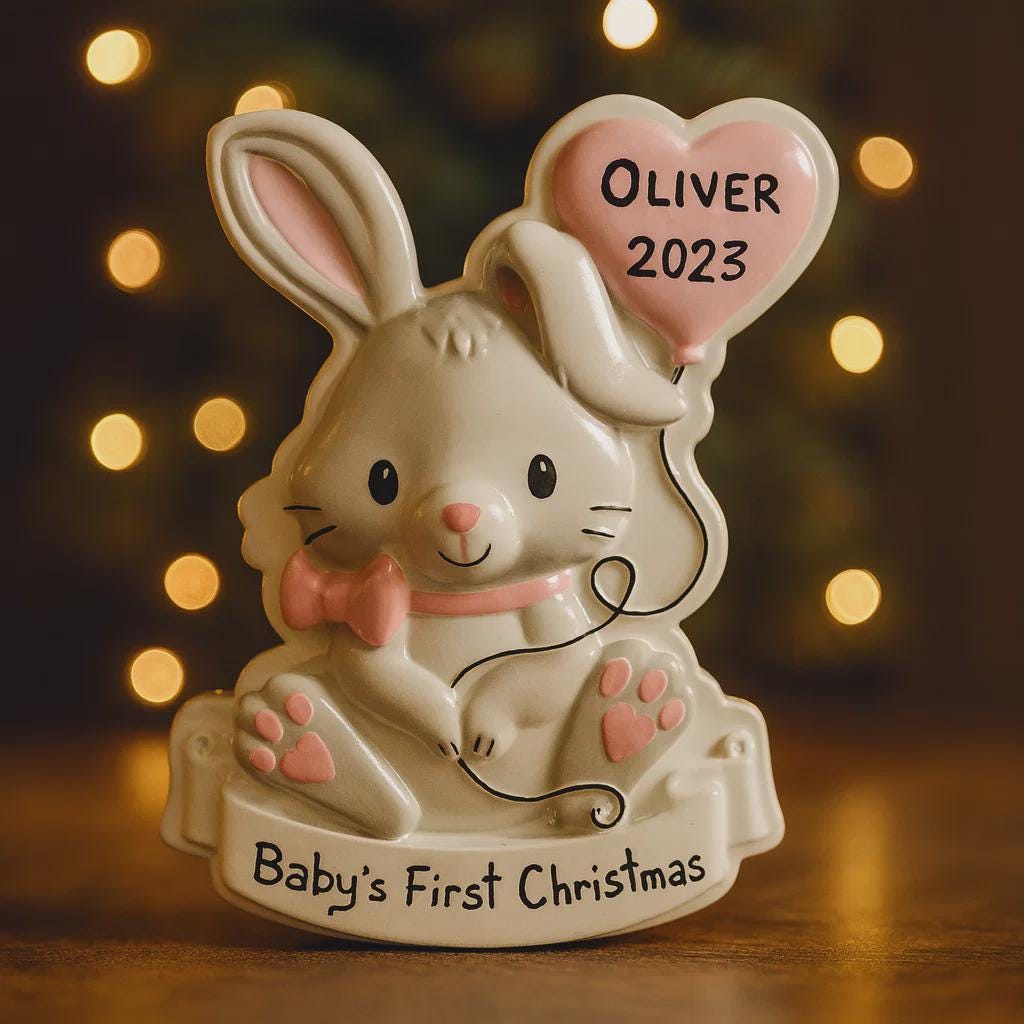 Decorative ceramic rabbit figurine with a heart-shaped balloon and 'Oliver 2023' text, set against a warm, blurred background.