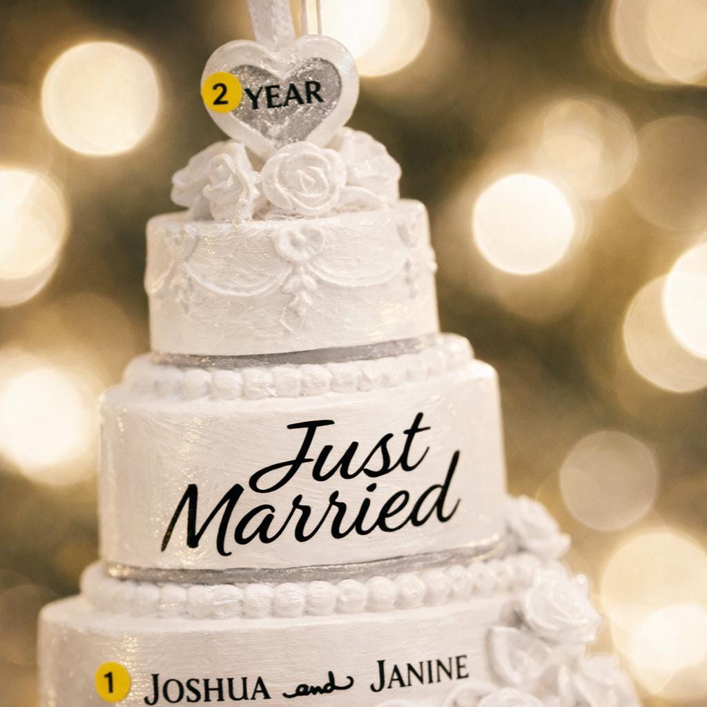 Personalized just married wedding cake ornament featuring a classic white tiered cake design with custom names and year. A timeless keepsake for newlyweds celebrating their first Christmas married wedding anniversary or Valentine’s Day.