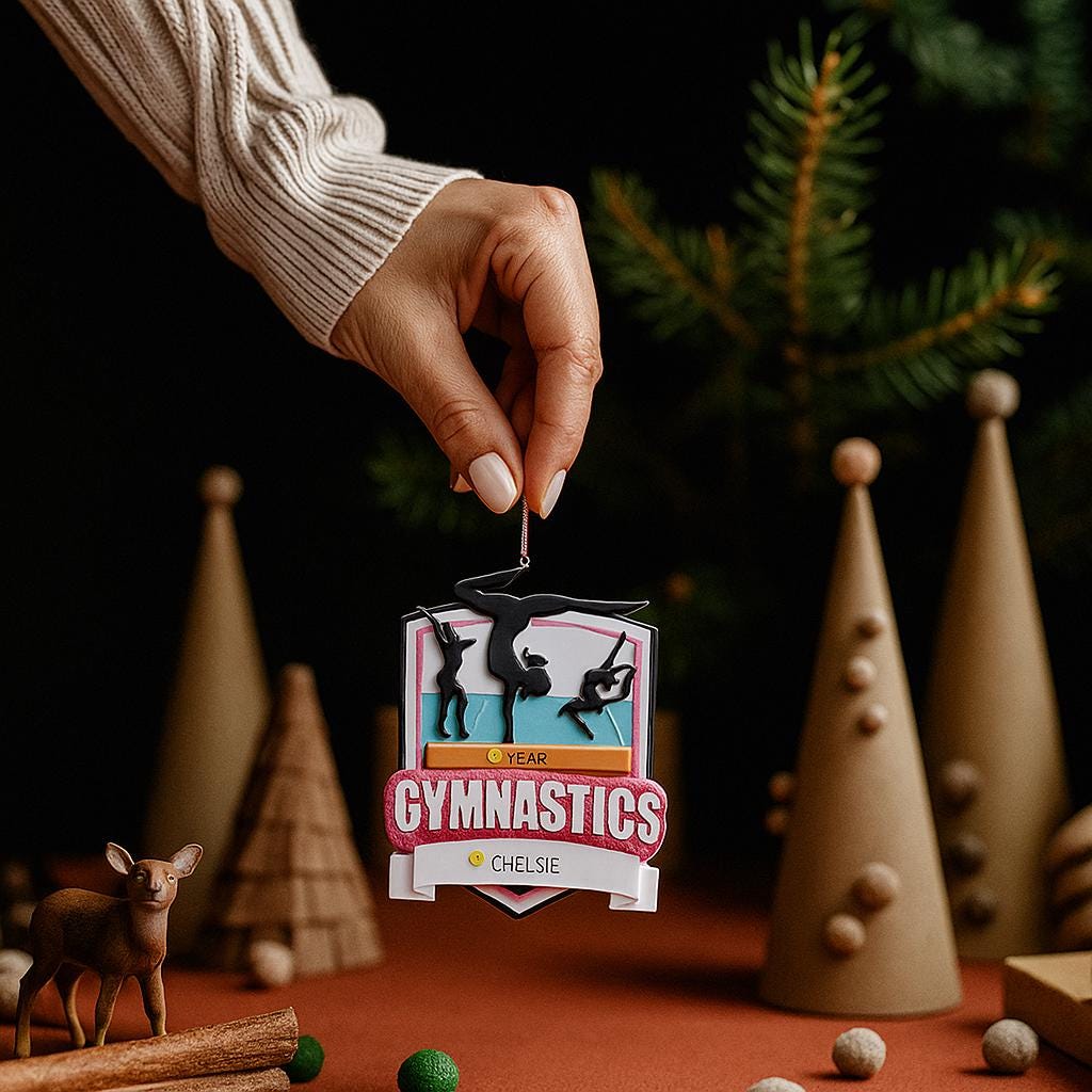 Personalized gymnastics Christmas ornament featuring elegant gymnast silhouette figures in motion, customizable name area on the front banner and customizable year area above the banner, glossy finish with raised 3D front details and flat 2D back, white hanging ribbon, displayed on a soft pink snowy holiday background with festive ornaments greenery and warm Christmas decor.
