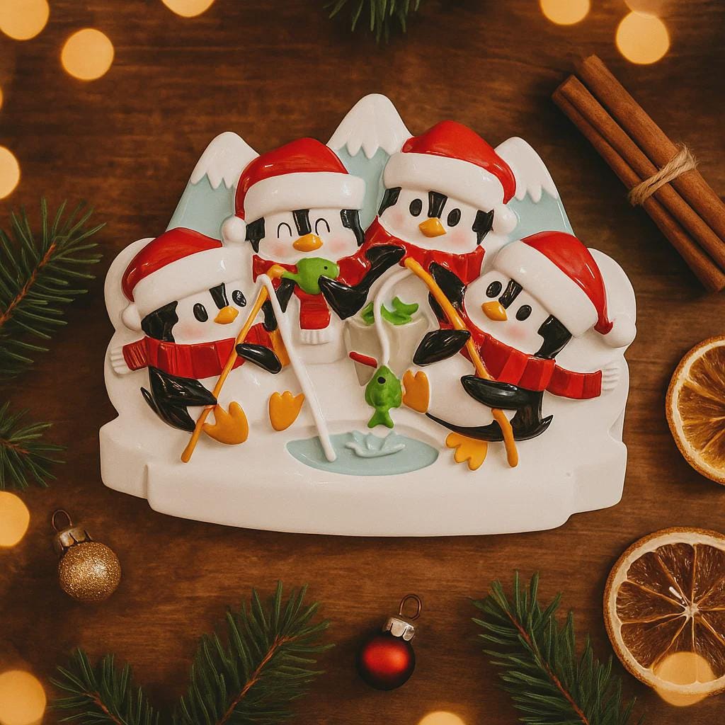 Decorative Christmas ornament with penguins on a wooden surface with festive decorations.