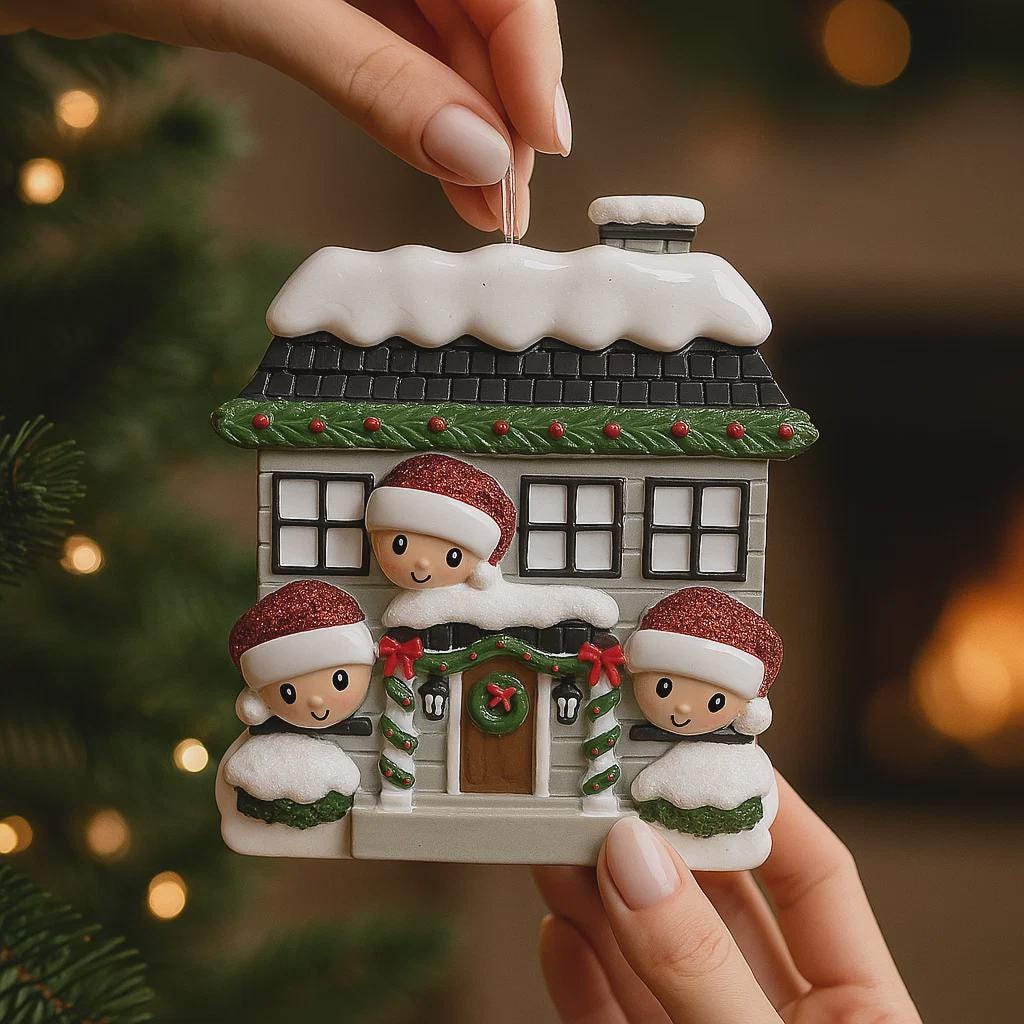 Decorative Christmas ornament of a house with three children on a blurred Christmas tree background.