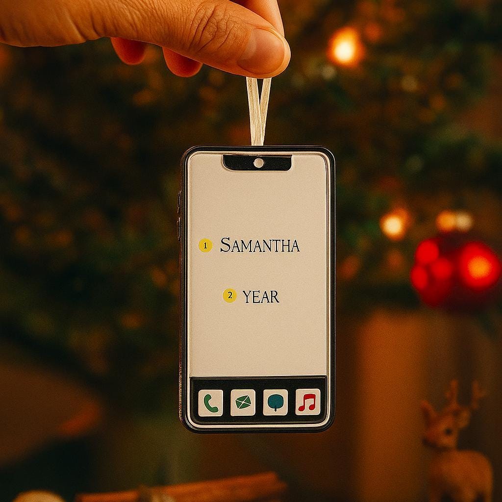Phone case with 'Samantha' and 'Year' text, held by a hand against a Christmas tree background.