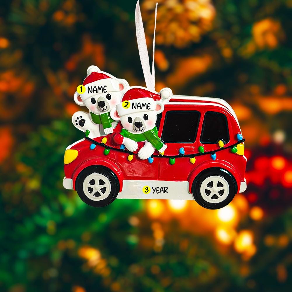 Personalized Christmas ornament featuring two polar bears wearing Santa hats riding in a red car decorated with colorful holiday lights. The ornament includes custom name personalization on each bear and a year displayed on the car. Designed with a detailed 3D raised front and smooth glossy finish, it is made for easy hanging on a Christmas tree. Perfect for festive holiday decor, couple ornaments, family keepsakes, and seasonal gift giving.