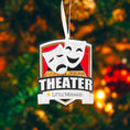 Load image into Gallery viewer, Personalized theater ornament featuring classic comedy and tragedy drama masks on a stage design. Custom name and year handwritten on the front banner. High detail 3D resin ornament with black hanging ribbon. Ideal Christmas tree decoration for theater lovers actors actresses drama students and stage performers. A meaningful keepsake celebrating passion for theater and performing arts.

