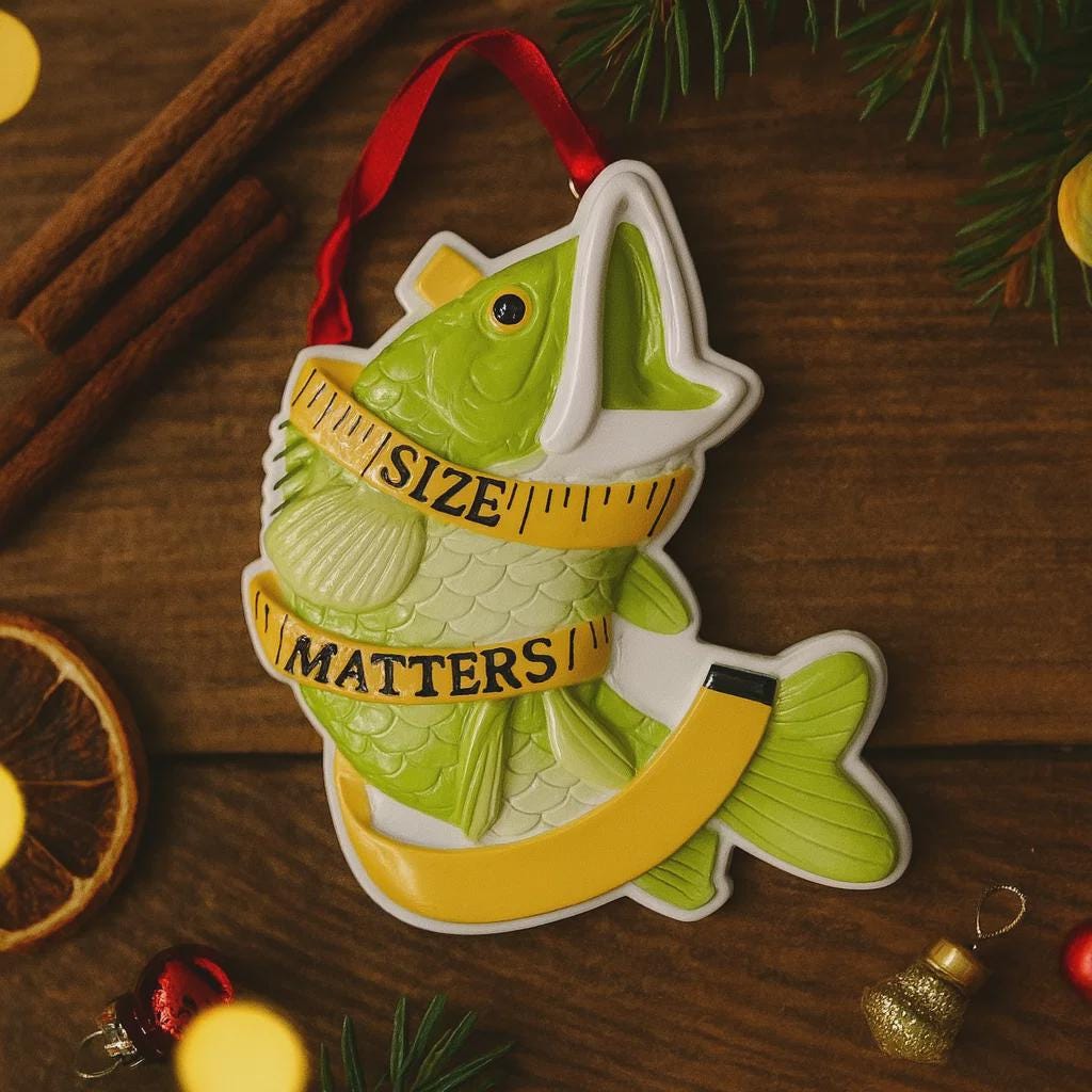 Decorative fish ornament with 'SIZE MATTERS' text on a wooden surface with Christmas decorations.