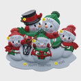 Load image into Gallery viewer, Personalized snowman family ornament with names and numbers on a white background
