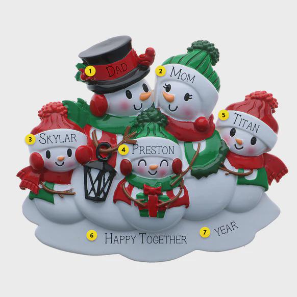 Personalized snowman family ornament with names and numbers on a white background