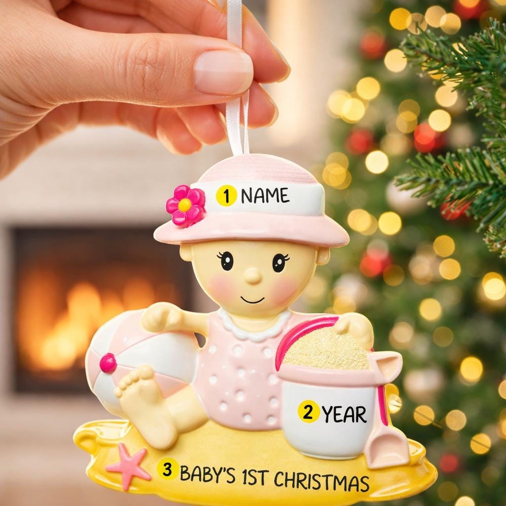 Personalized baby first Christmas ornament for baby girl featuring a beach and summer inspired design. This adorable keepsake includes handwritten name and year personalization, a soft pink baby figure, sand details and playful seaside elements. The ornament has a lightweight 2D base with raised 3D detailing on the front only. Perfect for baby’s first Christmas, nursery decor, coastal holiday themes and meaningful family gifts.