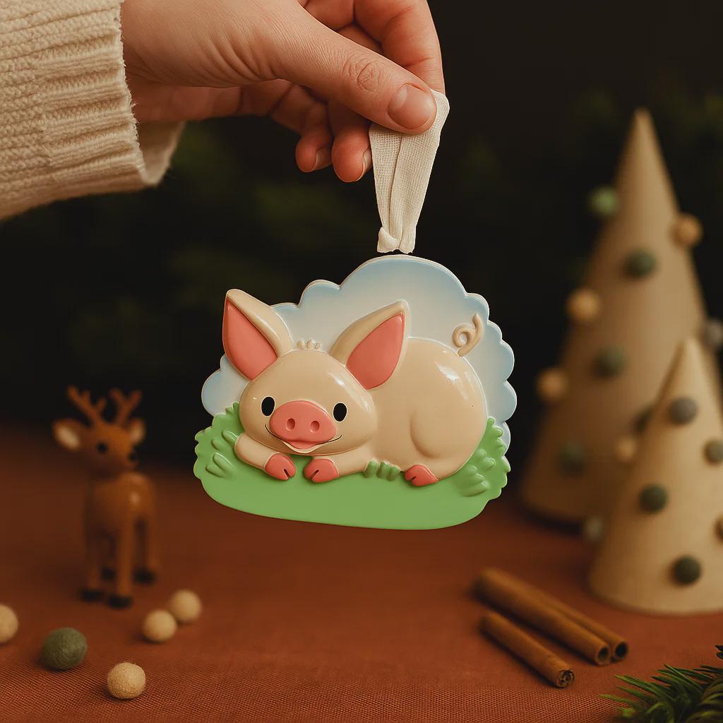 Decorative pig ornament being held above a festive table with cinnamon sticks and pine cones.