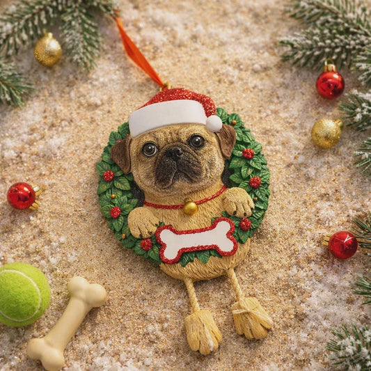 Dog-shaped Christmas ornament with a wreath, surrounded by festive decorations on a sandy background.