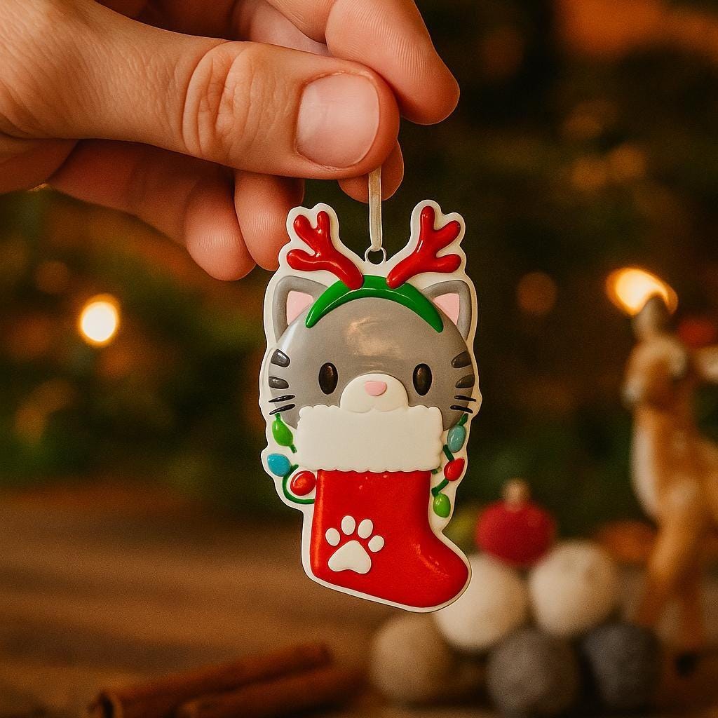 Christmas ornament of a cat in a stocking with reindeer antlers held by a hand against a festive background.