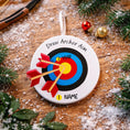 Load image into Gallery viewer, Personalized archery ornament featuring a colorful target and arrows design, customized with a name and year. Perfect for archery lovers, hunters, target shooting fans, and outdoor sports enthusiasts. This unique Christmas ornament celebrates precision, focus, and passion for archery, making it a meaningful holiday keepsake or gift for athletes, hobbyists, and competitive shooters.

