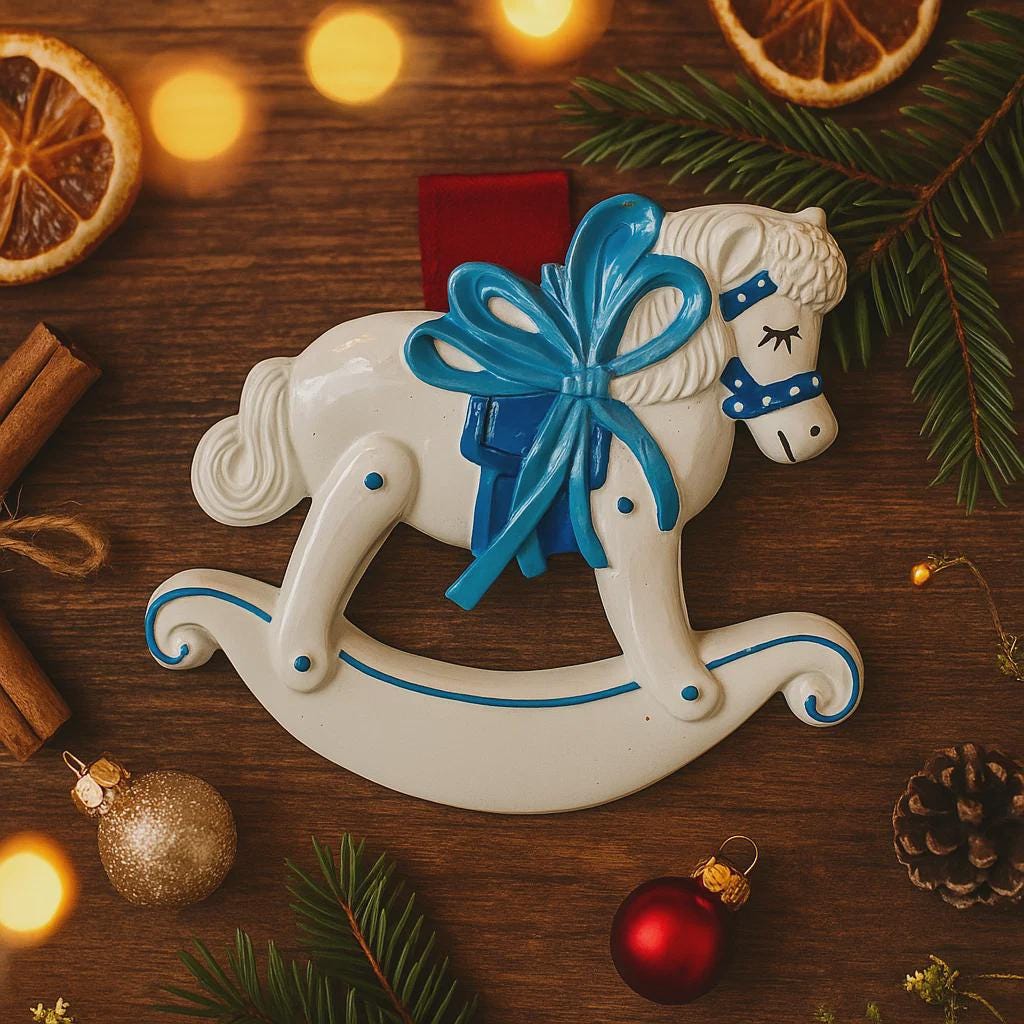 Decorative rocking horse ornament with a blue bow on a wooden surface with Christmas decorations.