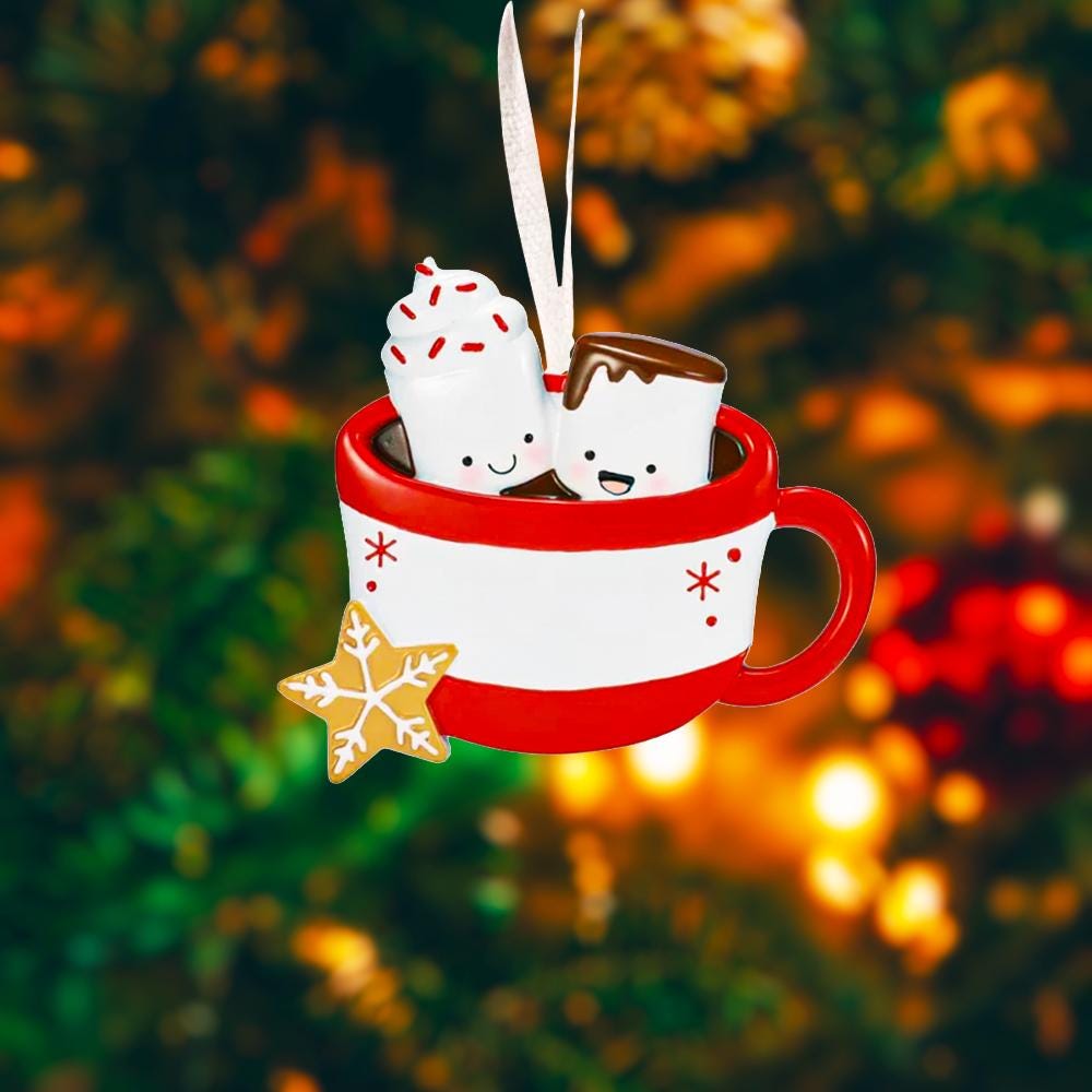 Personalized couple ornament featuring two smiling characters inside a cozy holiday mug design. This romantic Christmas ornament can be customized with two names and a family name or year, making it perfect for couples, partners, spouses, fiancés, or loved ones. Ideal for celebrating love, Valentine’s Day, anniversaries, newlyweds, or first holidays together. A warm and meaningful keepsake that captures shared moments and turns them into lasting holiday memories.
