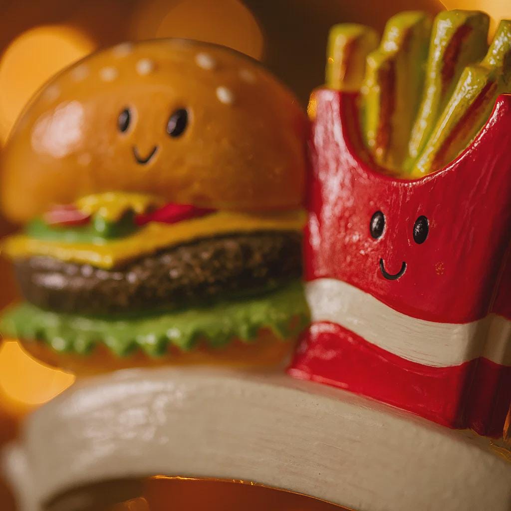 Toy hamburger and fries with smiling faces on a wooden stand against a blurred background