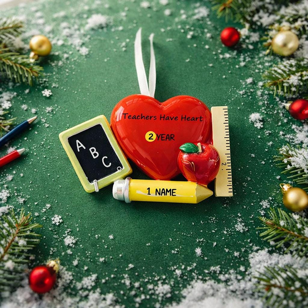 Decorative ornament with heart, chalkboard, apple, and crayon on a green background with Christmas teacher ornament