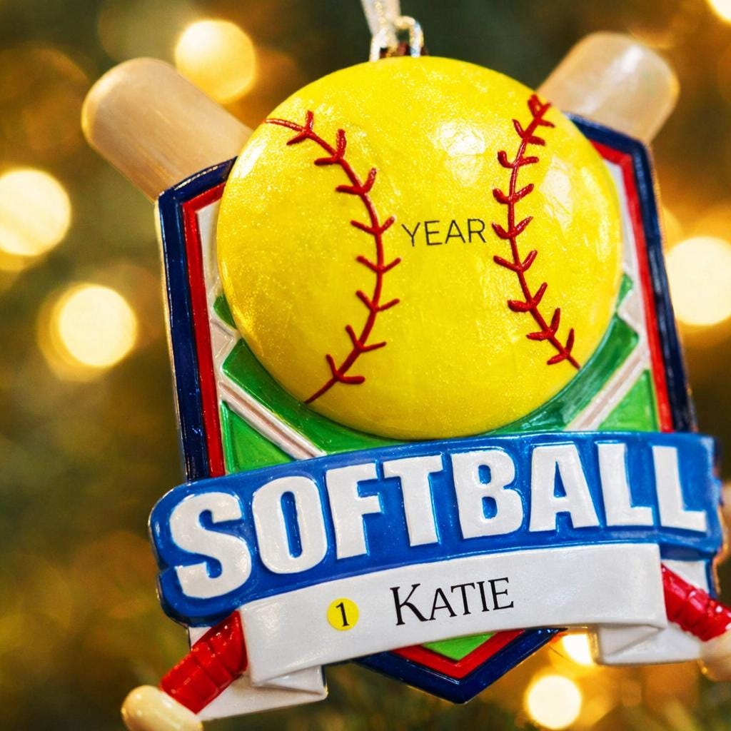 Personalized softball Christmas ornament featuring a yellow softball with stitched details and crossed bats design on a shield style background, customizable name area on the front banner and customizable year area on the softball, glossy finish with raised 3D front details and flat 2D back, white hanging ribbon, displayed on a snowy softball field themed holiday background with pine branches and festive decorations.