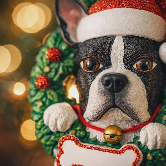 Dog figurine wearing a Santa hat with a blurred Christmas tree in the background