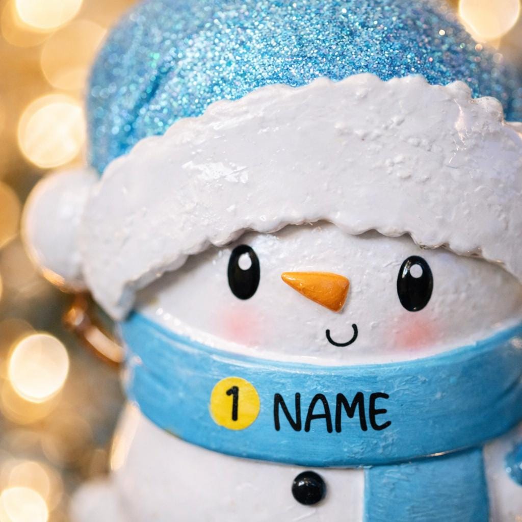 Personalized Snowman Baby Christmas Ornament featuring a cheerful snowman with blue glitter hat and scarf, holding a sparkling ornament. This design has a raised 3D front with textured details, dimensional elements, and vibrant winter colors. The child’s name is placed on the scarf and the year is added below. A perfect keepsake for baby’s first Christmas, newborn gift, winter holiday decoration, and meaningful family tree memory ornament.