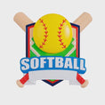 Load image into Gallery viewer, Personalized softball Christmas ornament featuring a yellow softball with stitched details and crossed bats design on a shield style background, customizable name area on the front banner and customizable year area on the softball, glossy finish with raised 3D front details and flat 2D back, white hanging ribbon, displayed on a snowy softball field themed holiday background with pine branches and festive decorations.
