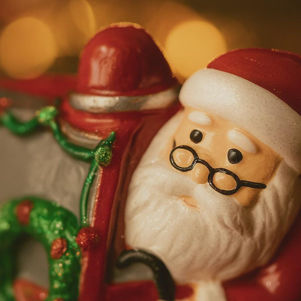 Decorative figurine of a Santa Claus with a blurred festive background