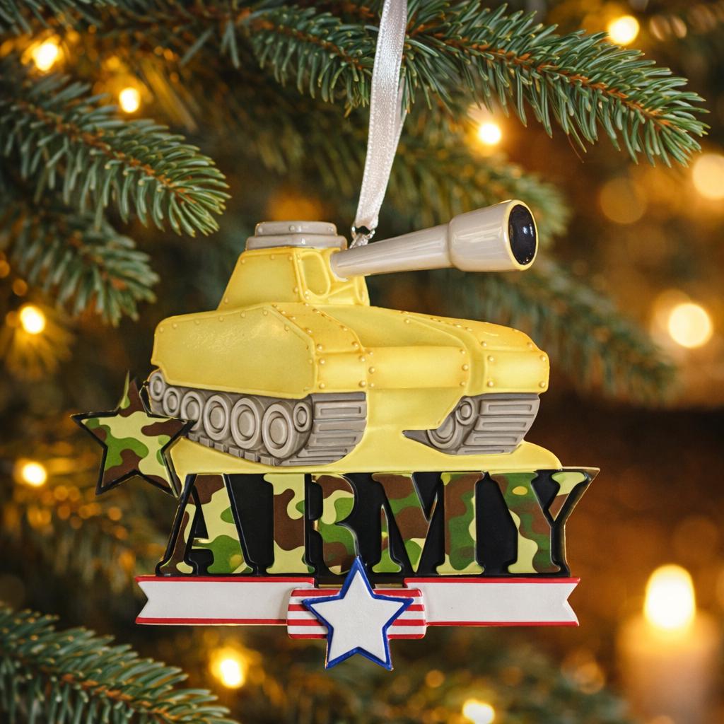 A resin Army tank ornament in bold yellow features a cartoon style military tank with detailed black tracks and raised cannon, camouflage green ARMY lettering across the front, a star accent and American flag inspired base, surrounded by snow texture and festive holiday elements, with handwritten personalization showing one name on the left banner and the year on the right banner, designed as a mostly 2D ornament with raised 3D details on the front only for lightweight Christmas tree decor.
