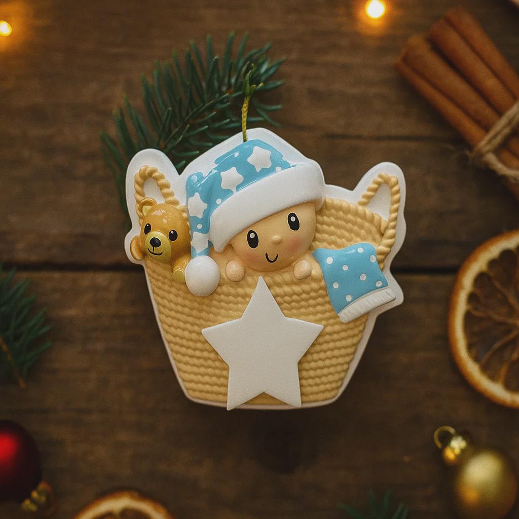 Personalized Baby First Christmas Ornament featuring a sweet newborn tucked inside a cozy woven basket with a soft blue star hat and matching blanket. This 3D front design includes raised details, textured knit pattern, and adorable teddy bear accent, creating depth and charm. Name is displayed on the hat and year on the star. A heartfelt keepsake for baby’s first holiday, nursery decor, or newborn gift. Perfect Christmas tree ornament for new parents.