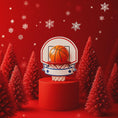 Load image into Gallery viewer, Personalized basketball Christmas ornament featuring an orange basketball and hoop design with customizable name area on the front banner and customizable year area on the basketball, glossy finish with raised 3D front details and flat 2D back, white hanging ribbon, displayed on a snowy basketball court themed holiday background with pine branches and festive decorations.
