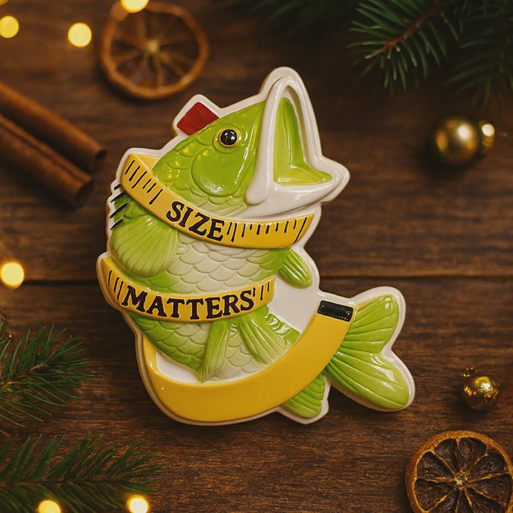 Decorative fish ornament with 'SIZE MATTERS' text on a wooden background with Christmas decorations.