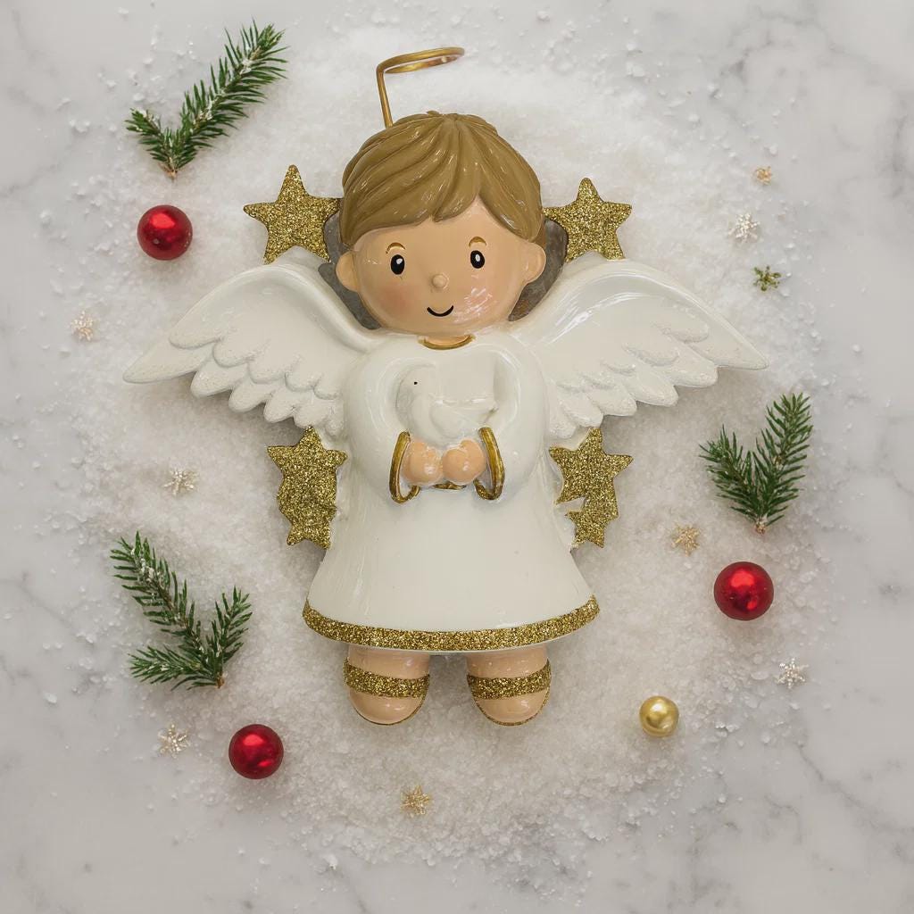 Decorative angel figurine with gold glittery accents on a snowy background