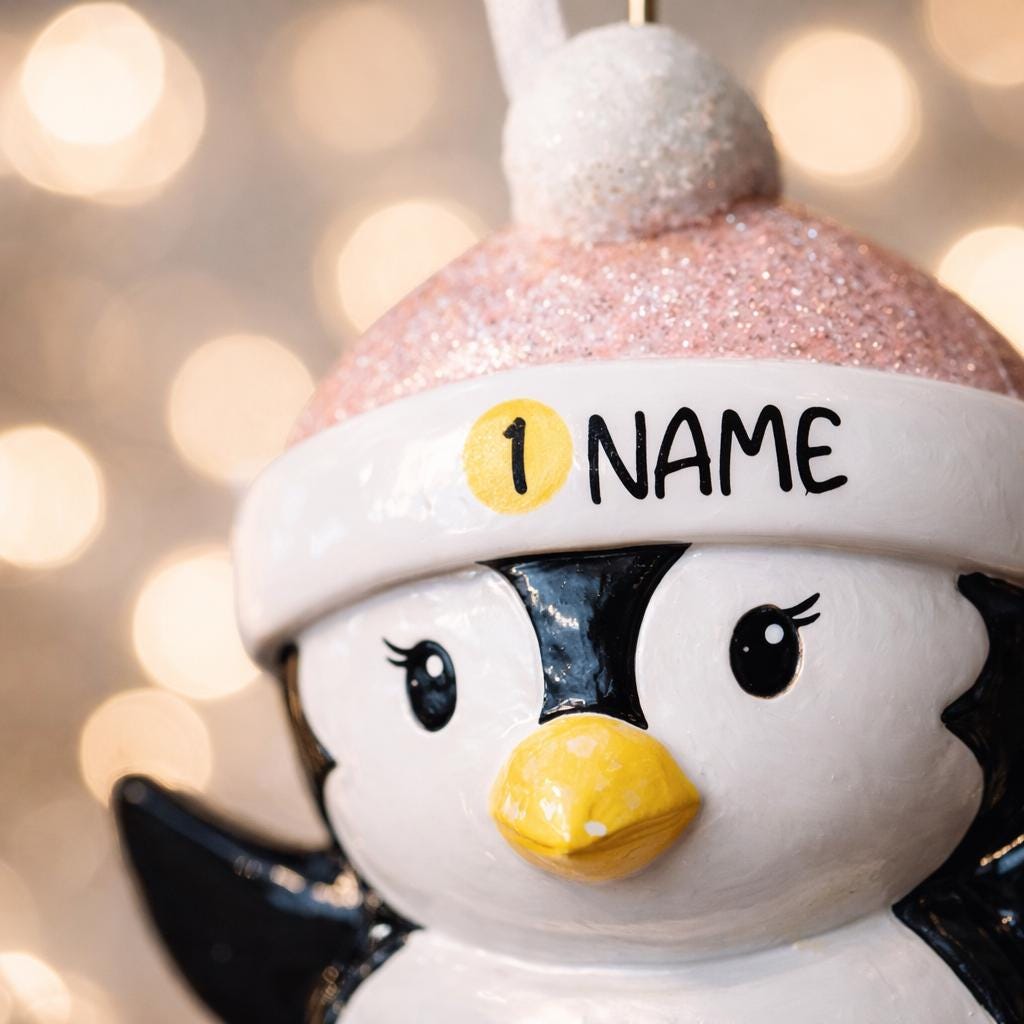 Personalized Baby Penguin First Christmas Ornament featuring a sweet penguin wearing a soft pink winter hat, sitting on a snowy base. The baby’s name is displayed on the hat and the year is placed on the belly, creating a meaningful keepsake for a newborn’s first holiday season. With bright yellow feet, soft winter details, and charming 3D design, this ornament is perfect for baby girls celebrating their very first Christmas and makes a thoughtful holiday gift for new parents.