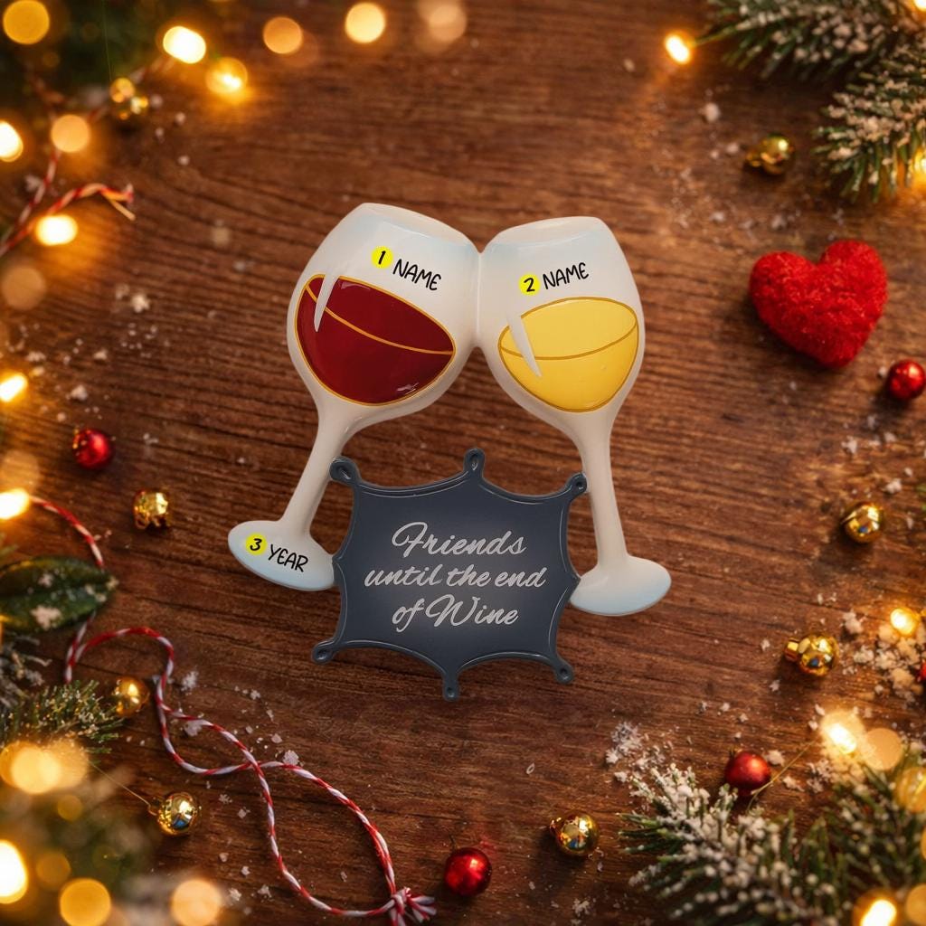 Decorative glasses ornament with 'Friends until the end of wine' text on a wooden surface with festive decorations.
