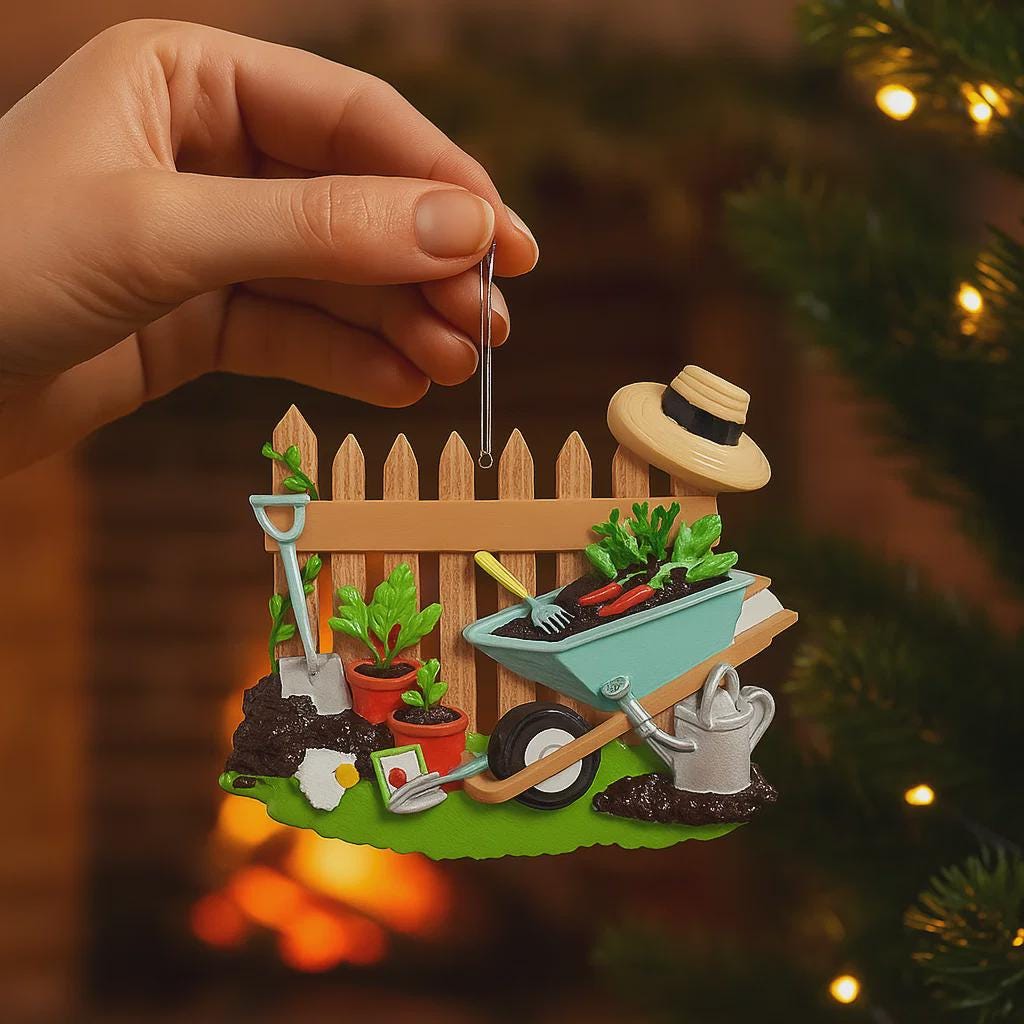 Personalized gardener ornament featuring a detailed garden scene with wooden fence wheelbarrow potted plants gardening tools and soil elements. The design includes a customizable name on the fence and a year on the base making it a thoughtful keepsake for garden lovers. The ornament has a warm rustic farmhouse style and is displayed with a red hanging ribbon suitable for Christmas trees seasonal decor and gift displays.