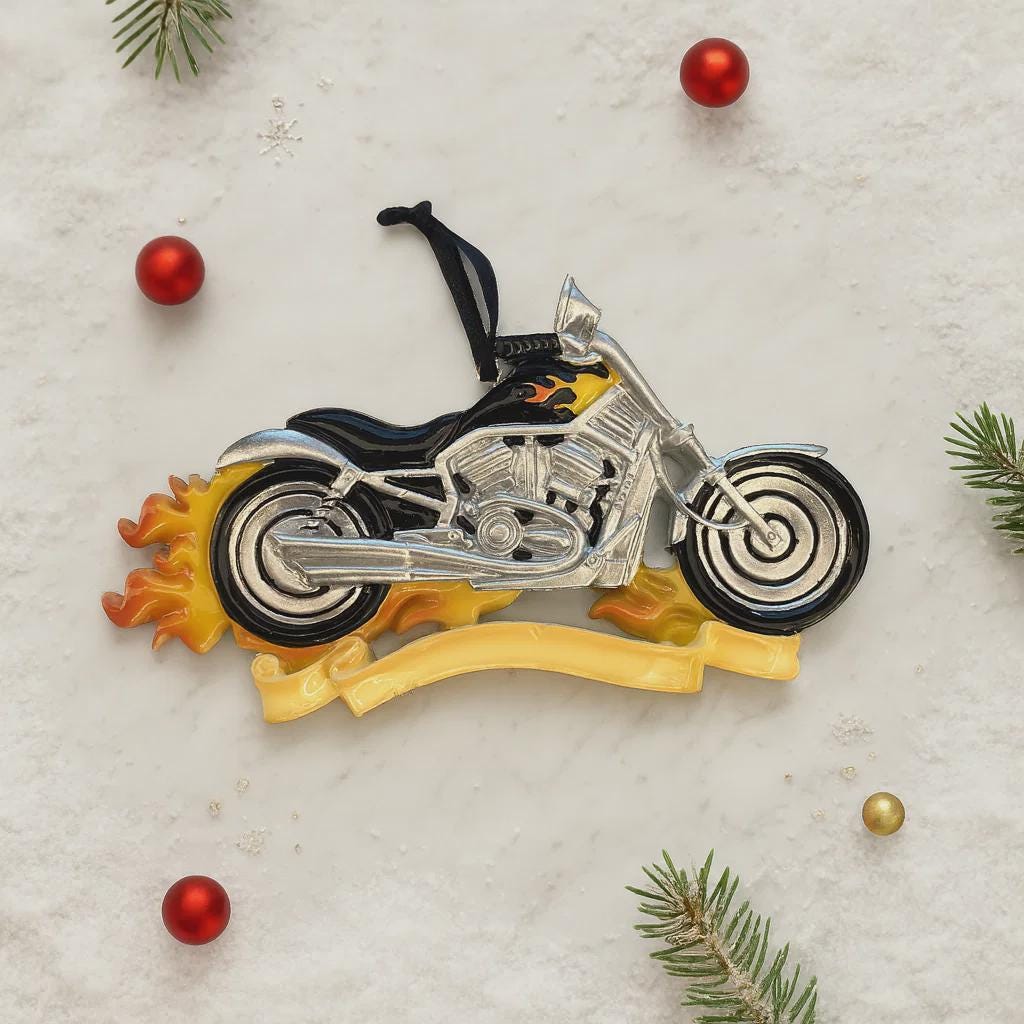 Motorcycle Christmas ornament on a snowy background with decorative elements