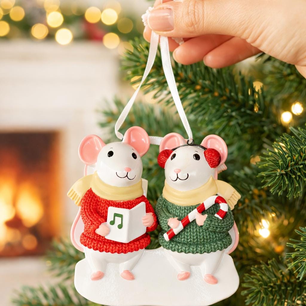 Two mouse ornaments in sweaters with a Christmas tree and fireplace in the background