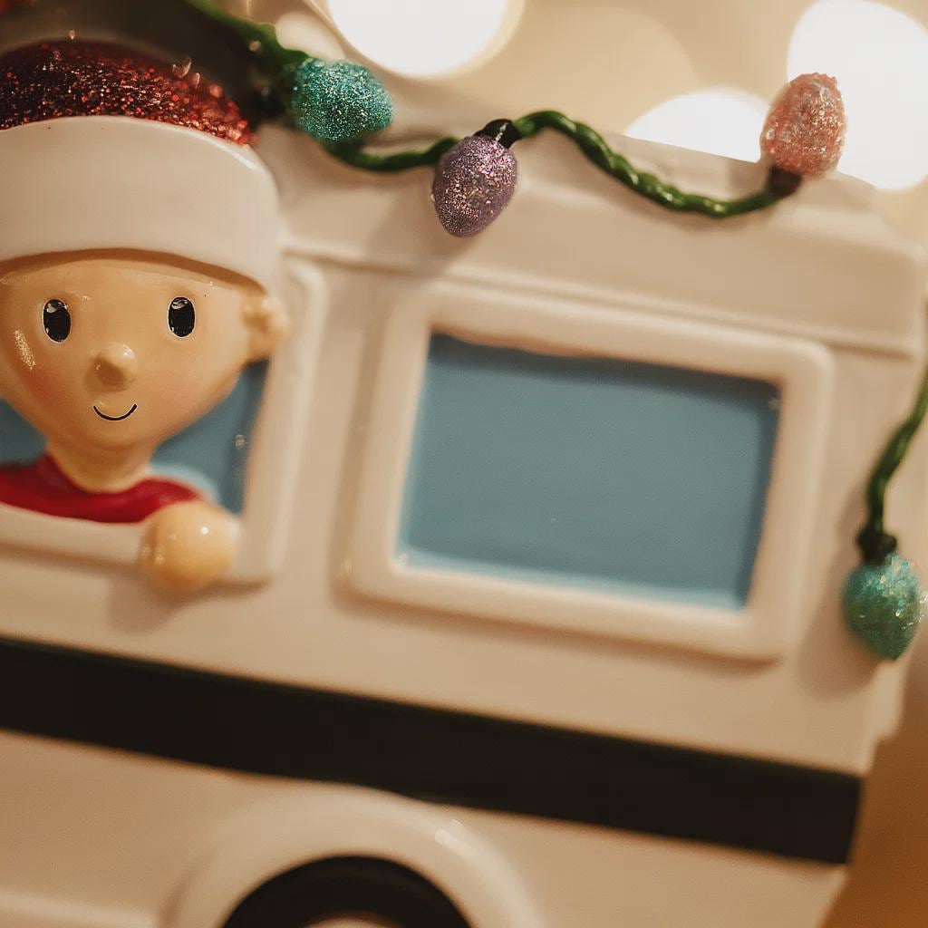 Decorative figurine of a child in a car with Christmas lights.