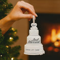Load image into Gallery viewer, Personalized just married wedding cake ornament featuring a classic white tiered cake design with custom names and year. A timeless keepsake for newlyweds celebrating their first Christmas married wedding anniversary or Valentine’s Day.
