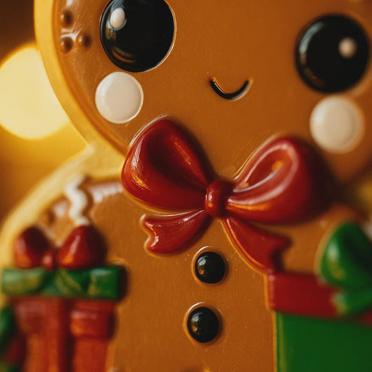Close-up of a gingerbread man-shaped cookie ornament with a red bow on a yellow background