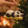 Load image into Gallery viewer, Fully 3D personalized unicorn panda Christmas ornament featuring a sleeping panda resting on a bamboo branch with a pastel unicorn horn. This ornament has a fully sculpted three dimensional front and back with no flat surfaces, creating a playful and premium look. Custom name and year are added by hand. Perfect for kids, panda lovers, unicorn fans, and whimsical holiday decor. A unique 3D keepsake for Christmas trees and seasonal displays.

