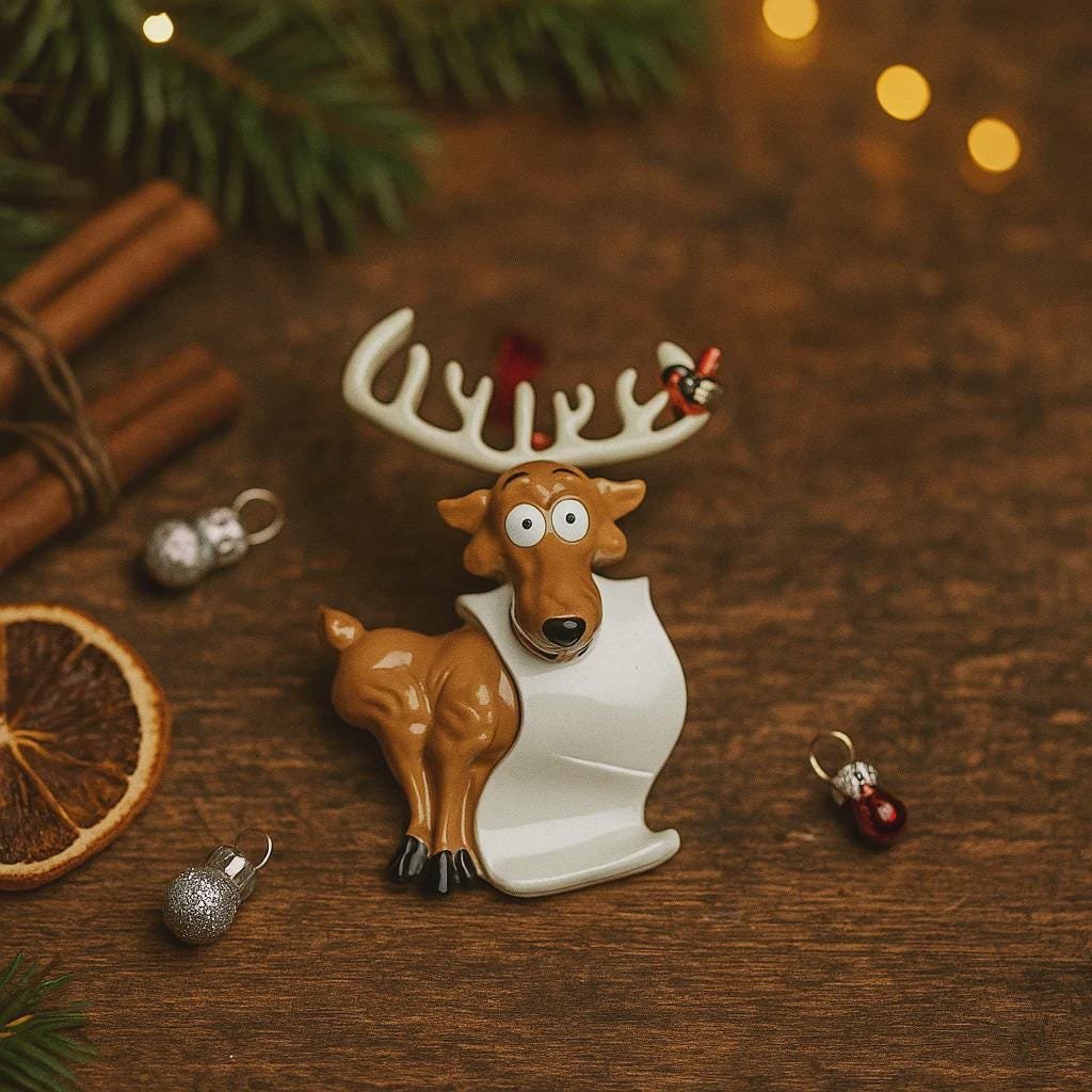 Decorative reindeer ornament with a piece of paper on a wooden surface with Christmas decorations.