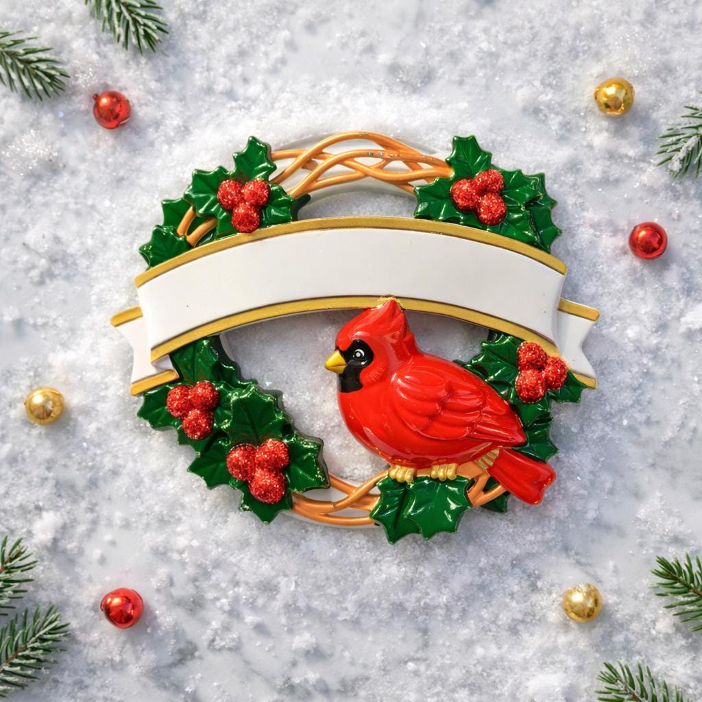 Personalized cardinal wreath ornament featuring a vibrant red cardinal bird surrounded by green holly leaves and red berries. Designed with a smooth glossy finish and a raised 3D front with a flat back for easy hanging. Includes free handwritten personalization with one name and year displayed on the banner at the top. Styled in a warm festive holiday setting with soft Christmas lights candy details and seasonal decor. A meaningful Christmas tree ornament symbolizing remembrance love and connection perfect 